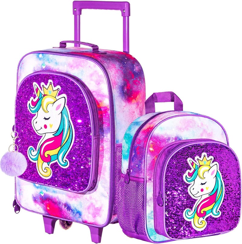 FTJCF Store 2PCS Girls Suitcase Set, 18" Kids Unicorn Carry on Luggage with Wheels, Cute Sequin Children Travel Rolling with 12" Toddler Backpack(Purple) - Image 1